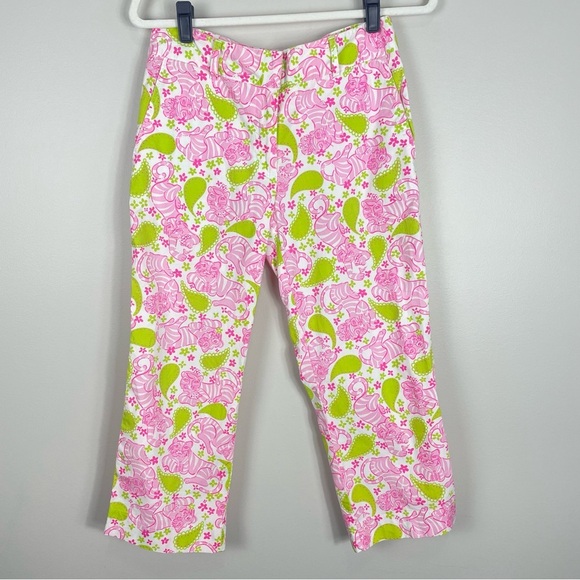 Lilly Pulitzer Pants Womens 6 Pink Green Tiger Caly Capri Tigers Play Cards - Picture 8 of 8
